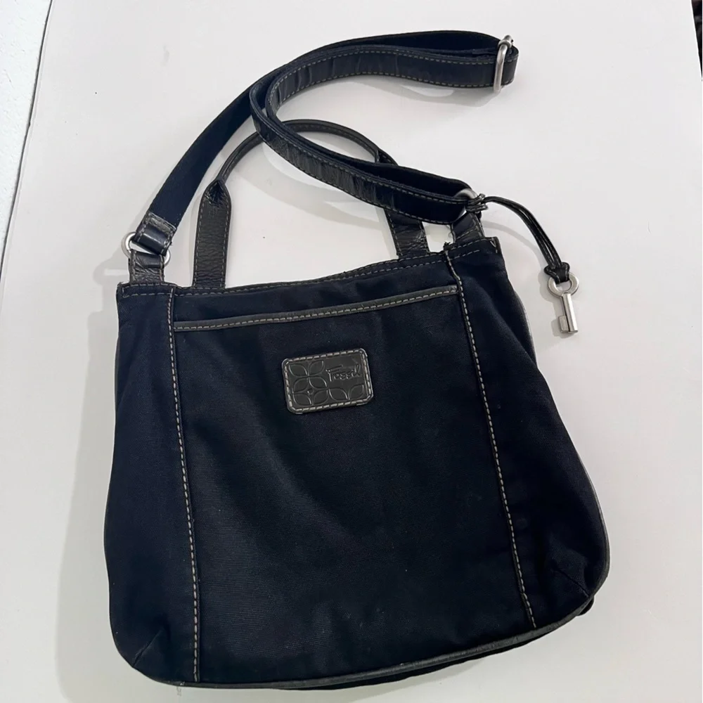 Fossil Black Leather & Canvas Messenger Crossbody Bag Purse Unisex